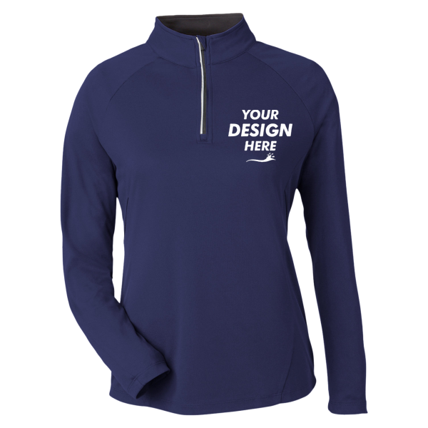 Core 365 Women's Origin Performance Pique Quarter-Zip Pullover, Classic Navy Heather / Carbon, Front view, Mockup