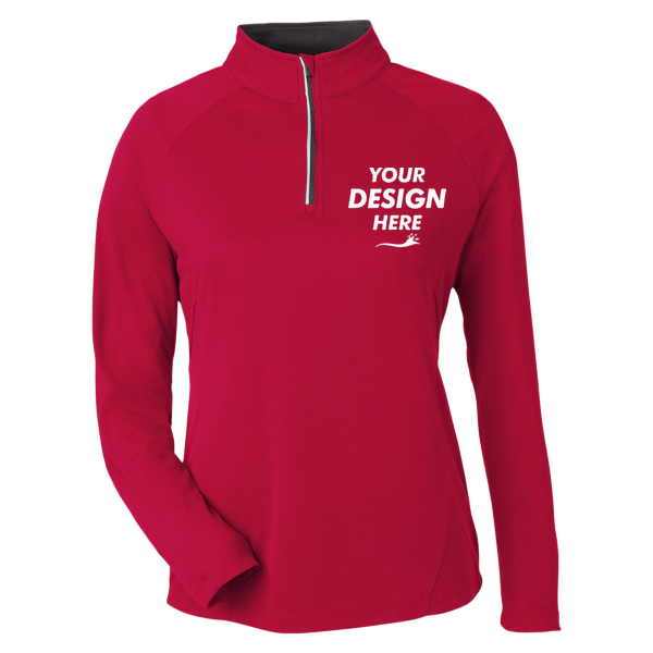 Core 365 Women's Origin Performance Pique Quarter-Zip Pullover, Classic Red / Carbon, Front view, Mockup