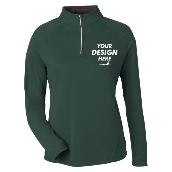 Core 365 Women's Origin Performance Pique Quarter-Zip Pullover, Forest / Carbon, Front view, Mockup