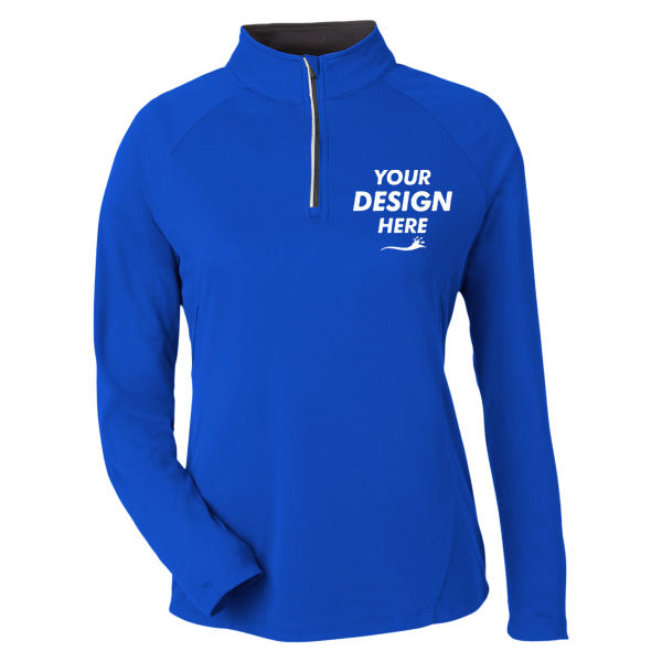 Core 365 Women's Origin Performance Pique Quarter-Zip Pullover, True Royal / Carbon, Front view, Mockup