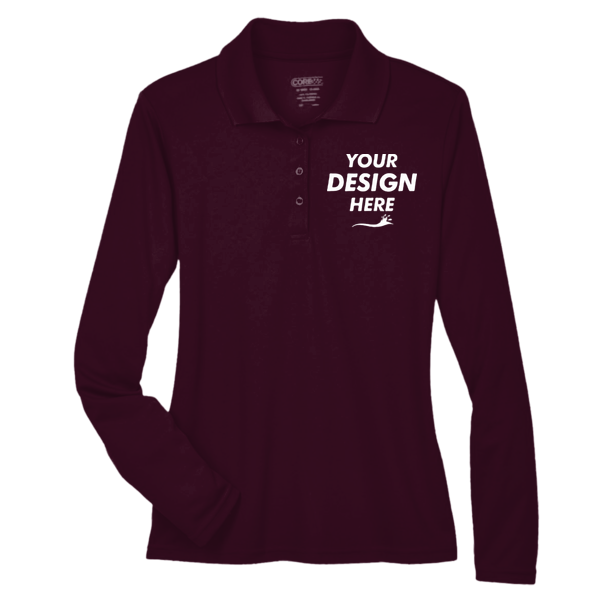 Core 365 Women's Pinnacle Performance Long Sleeve Piqué Polo, Burgundy, Front view, Mockup