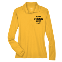 Core 365 Women's Pinnacle Performance Long Sleeve Piqué Polo, Campus Gold, Front view, Mockup