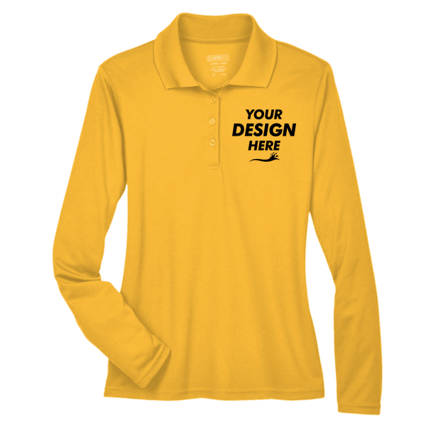 Core 365 Women's Pinnacle Performance Long Sleeve Piqué Polo, Campus Gold, Front view, Mockup