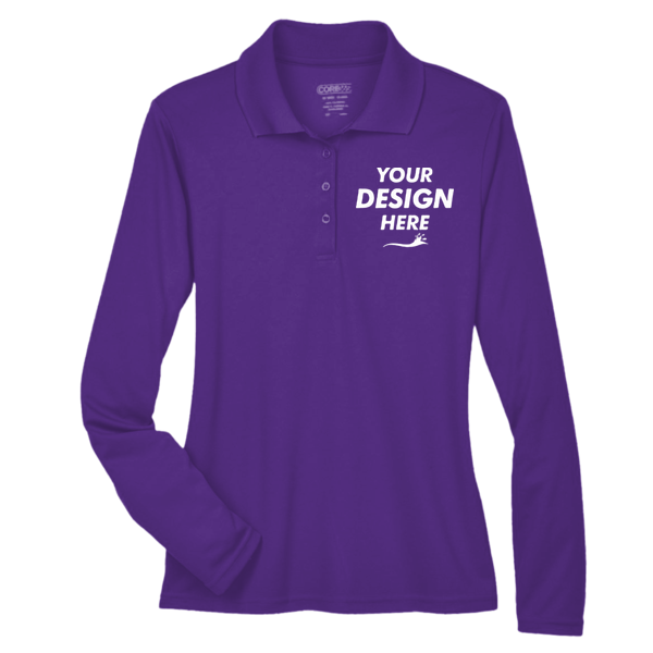 Core 365 Women's Pinnacle Performance Long Sleeve Piqué Polo, Campus Purple, Front view, Mockup