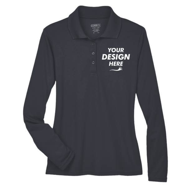 Core 365 Women's Pinnacle Performance Long Sleeve Piqué Polo, Carbon, Front view, Mockup