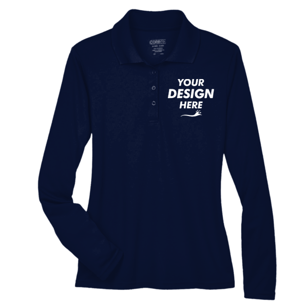 Core 365 Women's Pinnacle Performance Long Sleeve Piqué Polo, Classic Navy, Front view, Mockup
