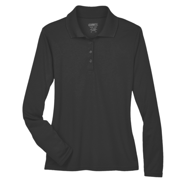Core 365 Women's Pinnacle Performance Long Sleeve Piqué Polo, Black, Front view
