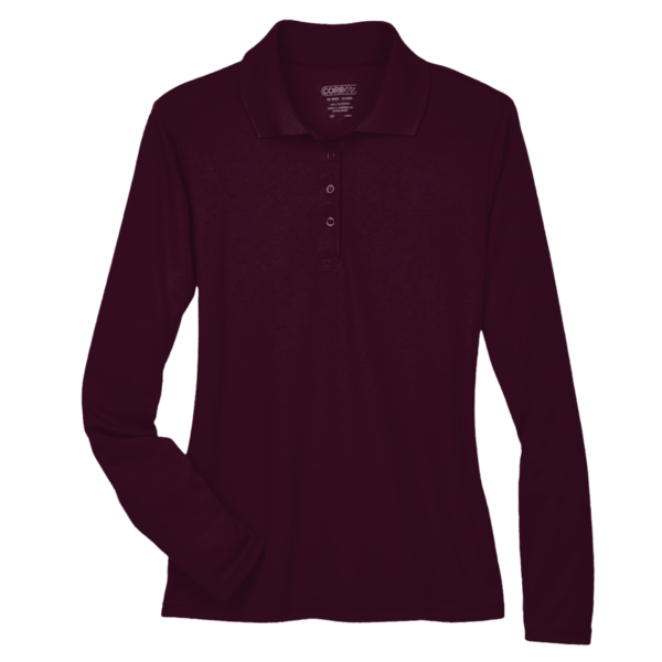 Core 365 Women's Pinnacle Performance Long Sleeve Piqué Polo, Burgundy, Front view