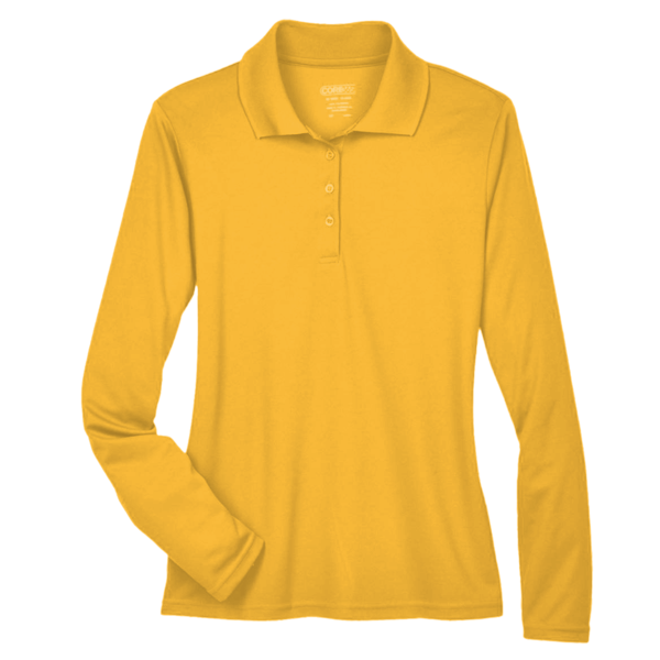 Core 365 Women's Pinnacle Performance Long Sleeve Piqué Polo, Campus Gold, Front view