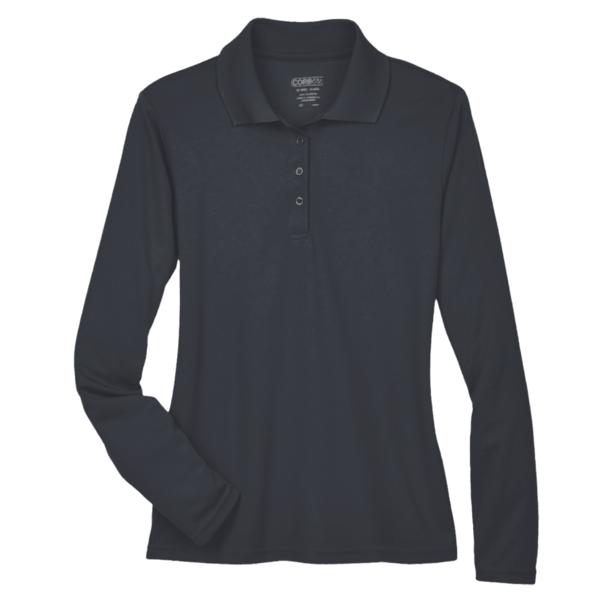 Core 365 Women's Pinnacle Performance Long Sleeve Piqué Polo, Carbon, Front view