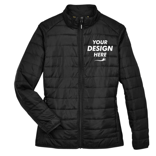 Core 365 Women's Prevail Packable Puffer Jacket, Black, Front view, Mockup