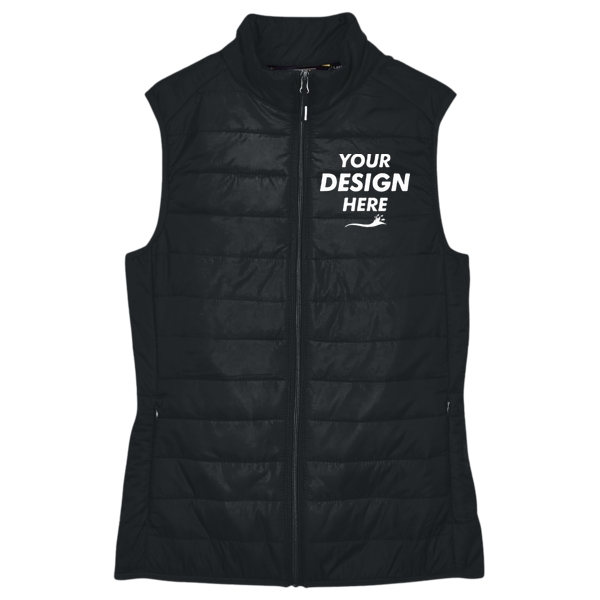 Core 365 Women's Prevail Packable Puffer Vest, Black, Front view, Mockup