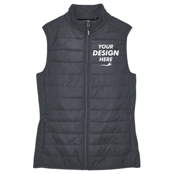 Core 365 Women's Prevail Packable Puffer Vest, Carbon, Front view, Mockup