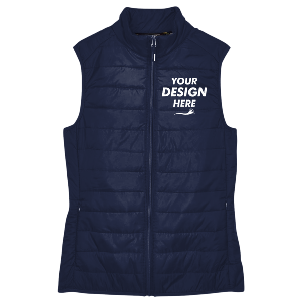 Core 365 Women's Prevail Packable Puffer Vest, Classic Navy, Front view, Mockup