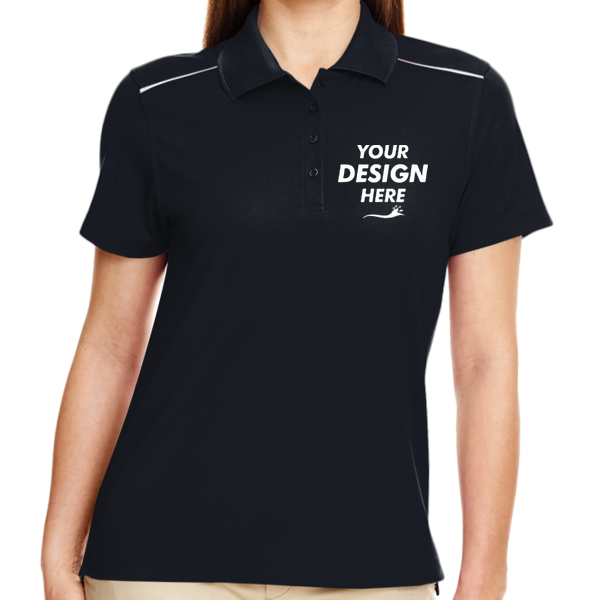 Core 365 Women's Radiant Performance Piqué Polo with Reflective Piping, Black, Front view, Mockup