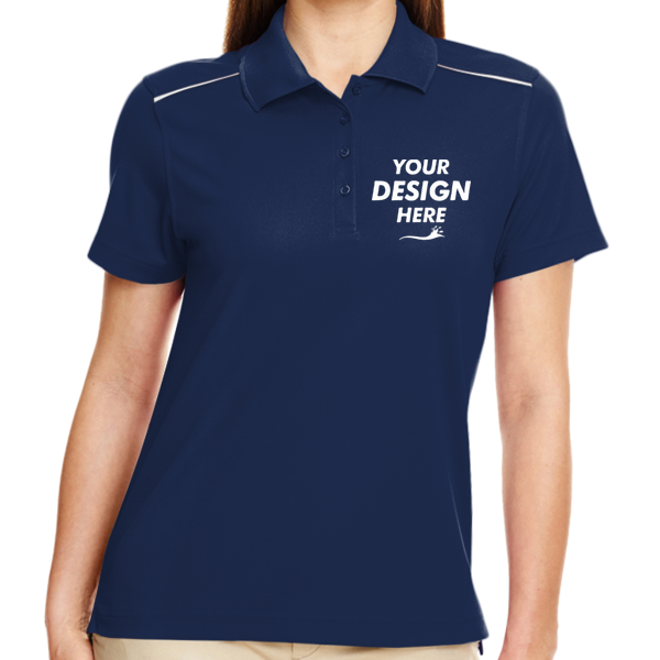 Core 365 Women's Radiant Performance Piqué Polo with Reflective Piping, Classic Navy, Front view, Mockup