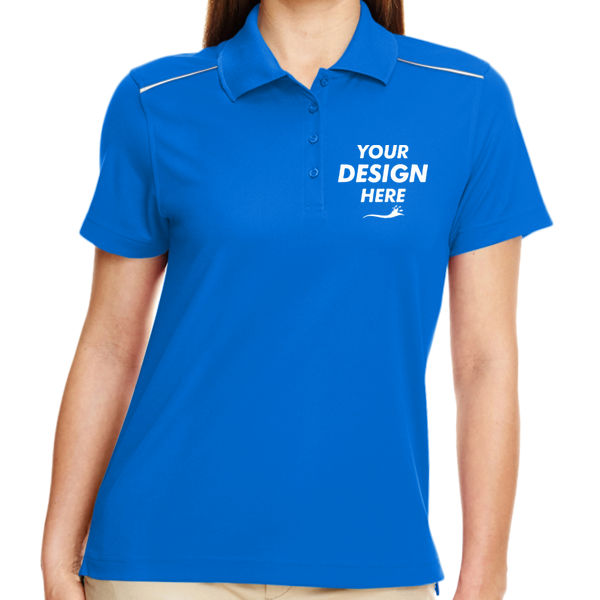 Core 365 Women's Radiant Performance Piqué Polo with Reflective Piping, True Royal, Front view, Mockup