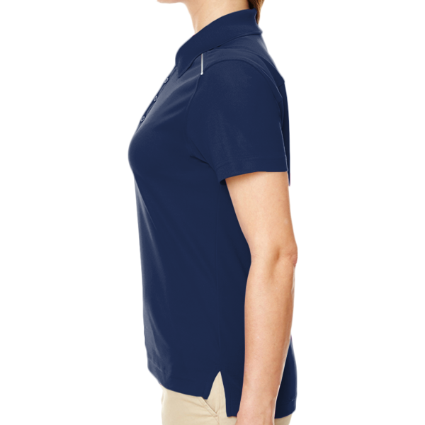 Core 365 Women's Radiant Performance Piqué Polo with Reflective Piping, Classic Navy, Left Sleeve view