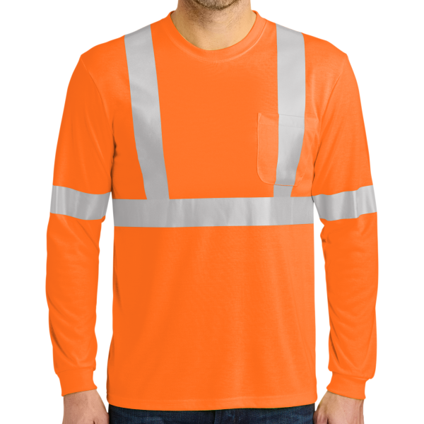 CornerStone Ansi 107 Class 2 Long Sleeve Safety T Shirt, Safety Orange / Reflective, Front view