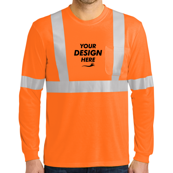 CornerStone Ansi 107 Class 2 Long Sleeve Safety T Shirt, Safety Orange / Reflective, Front view, Mockup