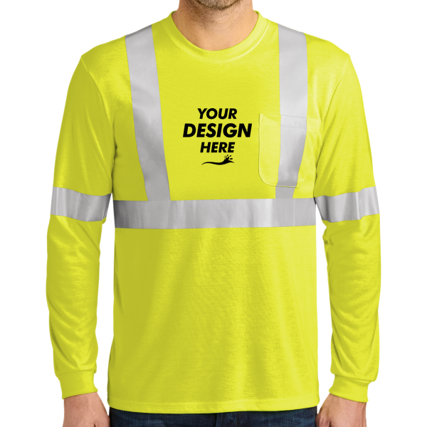 CornerStone Ansi 107 Class 2 Long Sleeve Safety T Shirt, Safety Yellow / Reflective, Front view, Mockup