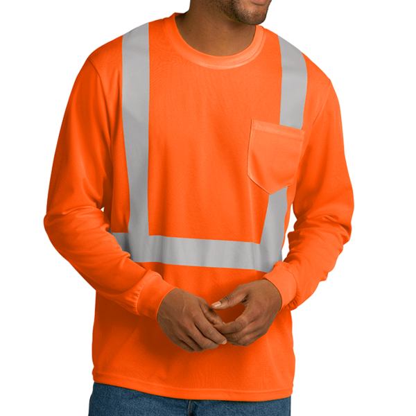 CornerStone Ansi 107 Class 2 Mesh Long Sleeve Tee, Safety Orange, Front view