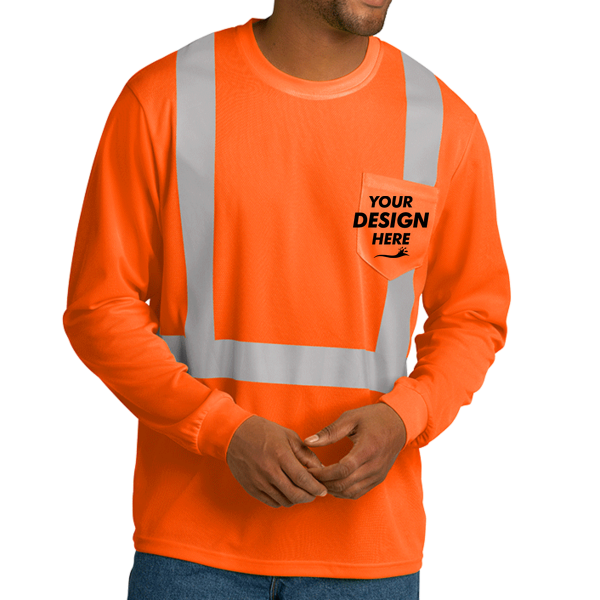 CornerStone Ansi 107 Class 2 Mesh Long Sleeve Tee, Safety Orange, Front view, Mockup