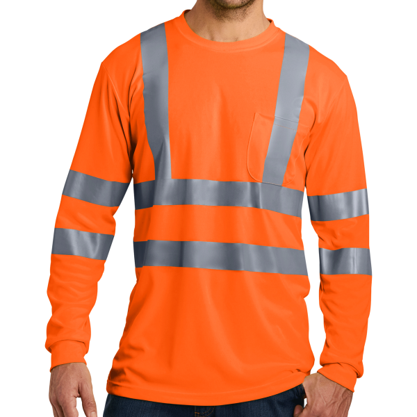 CornerStone Ansi 107 Class 3 Long Sleeve Snag Resistant Reflective T Shirt, Safety Orange, Front view