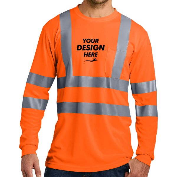 CornerStone Ansi 107 Class 3 Long Sleeve Snag Resistant Reflective T Shirt, Safety Orange, Front view, Mockup
