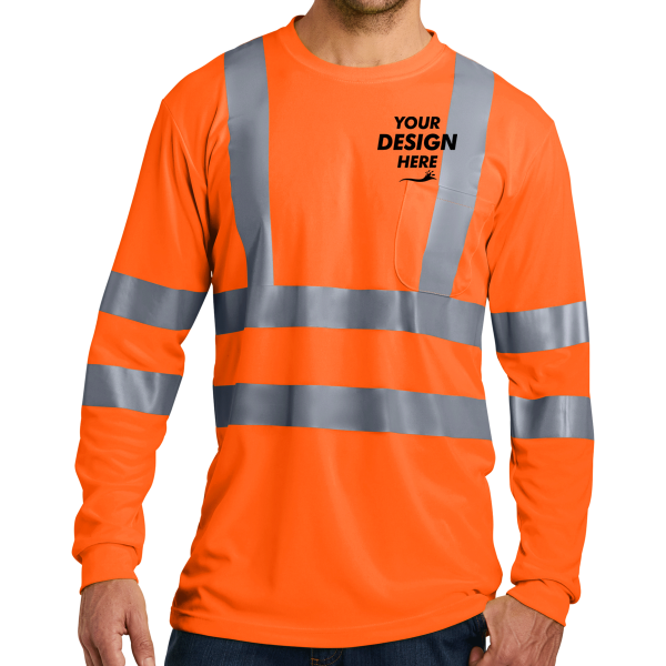 CornerStone Ansi 107 Class 3 Long Sleeve Snag Resistant Reflective T Shirt, Safety Orange, Front view, Mockup