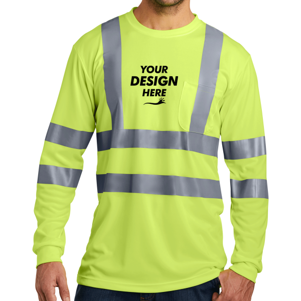CornerStone Ansi 107 Class 3 Long Sleeve Snag Resistant Reflective T Shirt, Safety Yellow, Front view, Mockup