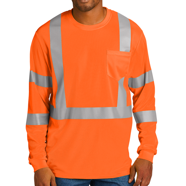 CornerStone Ansi 107 Class 3 Mesh Long Sleeve Tee, Safety Orange, Front view