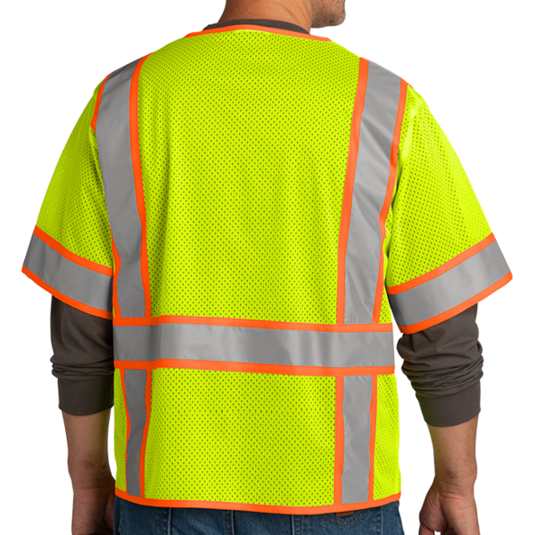 CornerStone Ansi 107 Class 3 Surveyor Mesh Zippered Two Tone Short Sleeve Vest, Safety Yellow, Back view