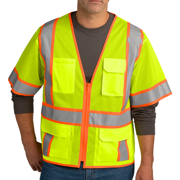 CornerStone Ansi 107 Class 3 Surveyor Mesh Zippered Two Tone Short Sleeve Vest, Safety Yellow, Front view
