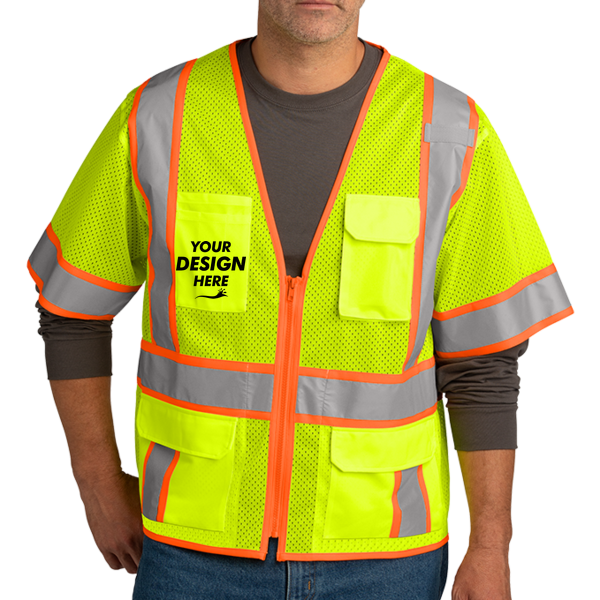 CornerStone Ansi 107 Class 3 Surveyor Mesh Zippered Two Tone Short Sleeve Vest, Safety Yellow, Front view, Mockup