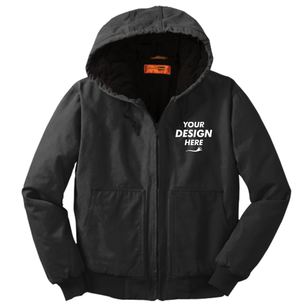 CornerStone Washed Duck Cloth Insulated Hooded Work Jacket, Black, Front view, Mockup