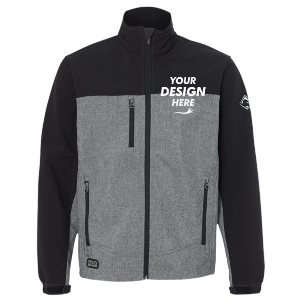 DRI DUCK Men's Motion Soft Shell Jacket, Black Heather / Black, Front view, Mockup