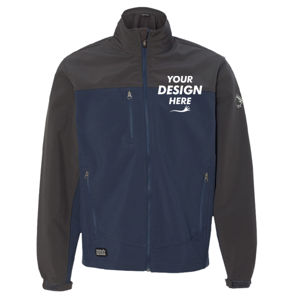 DRI DUCK Men's Motion Soft Shell Jacket, Deep Blue / Charcoal, Front view, Mockup