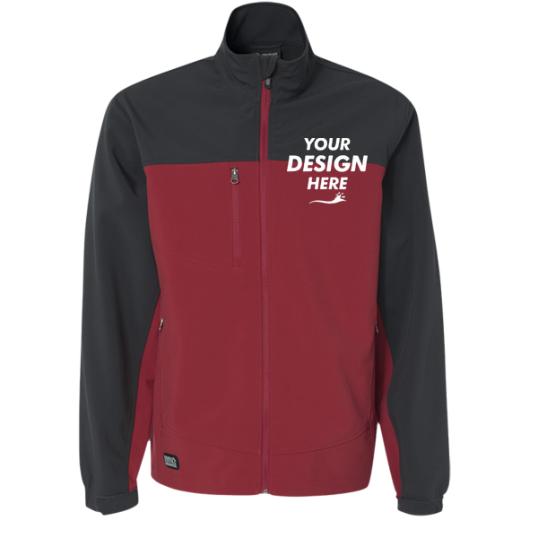 DRI DUCK Men's Motion Soft Shell Jacket, Red / Charcoal, Front view, Mockup