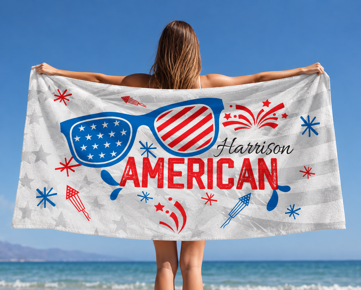 Personalized American Flag Beach Towel, White Standart Beach Towel, White Premium Beach Towel