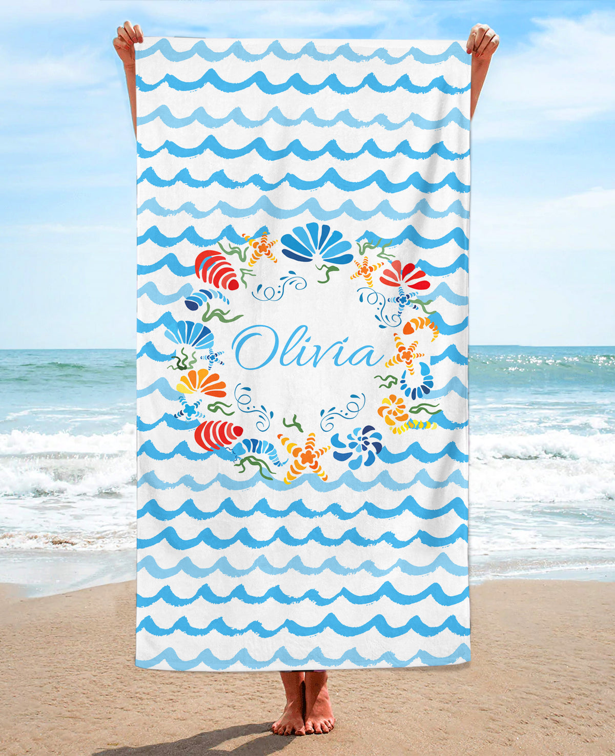 Personalized Seashell Wreath Beach Towel, BabyBlue Standart Beach Towel, BabyBlue Premium Beach Towel