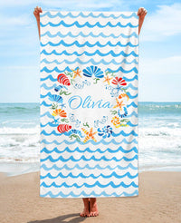 Personalized Seashell Wreath Beach Towel, BabyBlue Standart Beach Towel, BabyBlue Premium Beach Towel