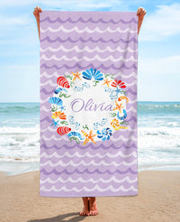 Personalized Seashell Wreath Beach Towel, Lavender Standart Beach Towel, Lavender Premium Beach Towel