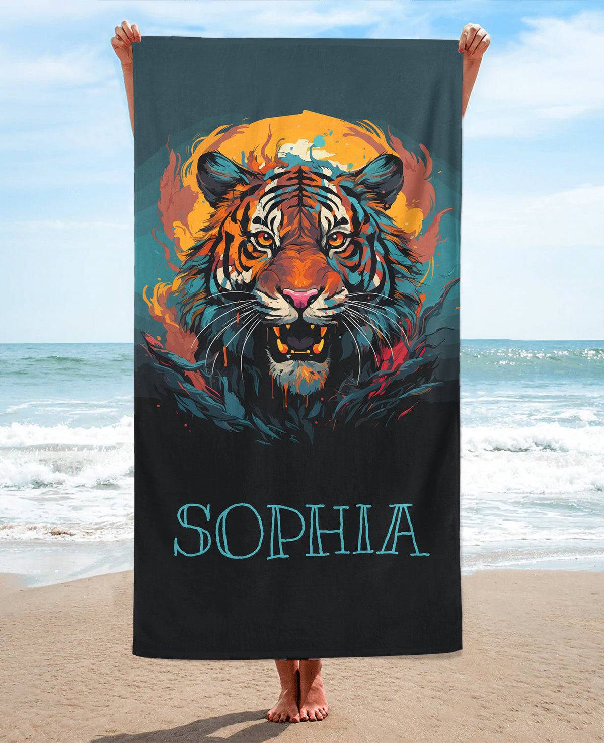 Personalized Tiger Portrait Beach Towel, Teal Standart Beach Towel, Teal Premium Beach Towel