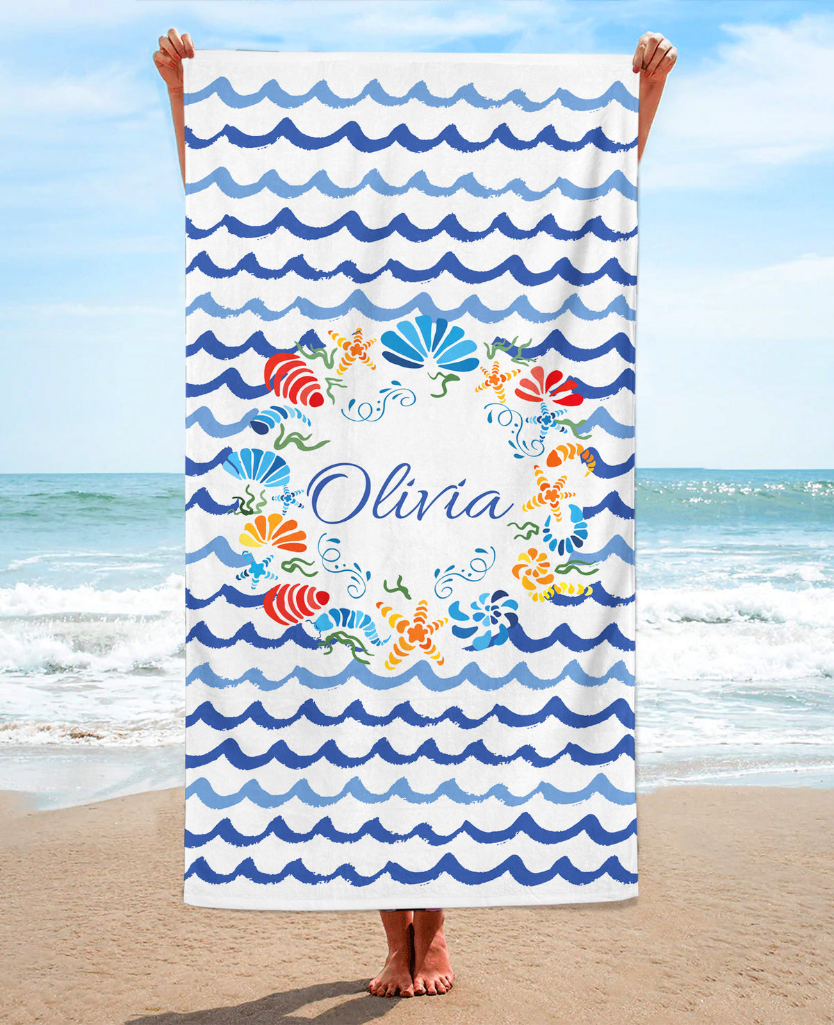 Personalized Seashell Wreath Beach Towel, Blue Standart Beach Towel, Blue Premium Beach Towel