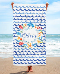 Personalized Seashell Wreath Beach Towel, Blue Standart Beach Towel, Blue Premium Beach Towel