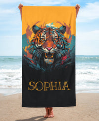 Personalized Tiger Portrait Beach Towel, Orange Standart Beach Towel, Orange Premium Beach Towel