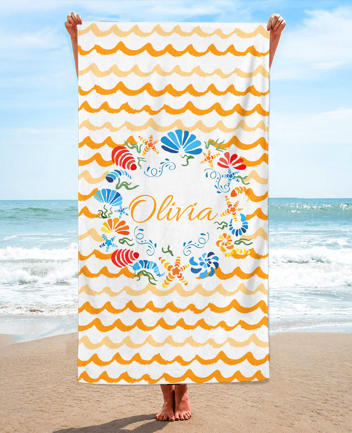 Personalized Seashell Wreath Beach Towel, Orange Standart Beach Towel, Orange Premium Beach Towel