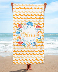 Personalized Seashell Wreath Beach Towel, Orange Standart Beach Towel, Orange Premium Beach Towel