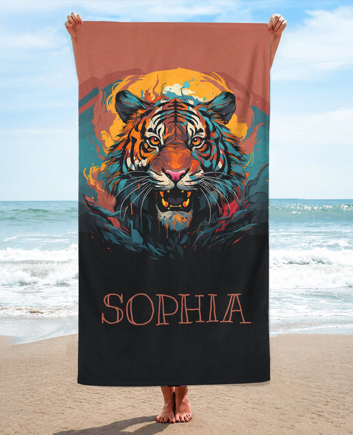 Personalized Tiger Portrait Beach Towel, Red Standart Beach Towel, Red Premium Beach Towel